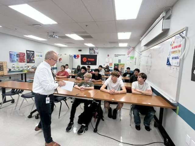 Freddie Reyna with HVAC students at Lubbock ISD's Byron Martin ATC.